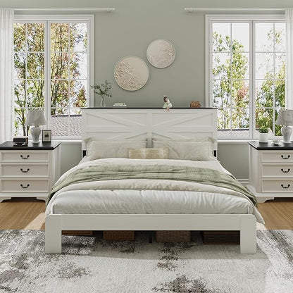 King Size Farmhouse Wooden Bed Frame with Headboard, Boho Platform Bedframe Sturdy Metal Slats Support, Spring Needed, Noisy Free, Easy Assembly (King, White)