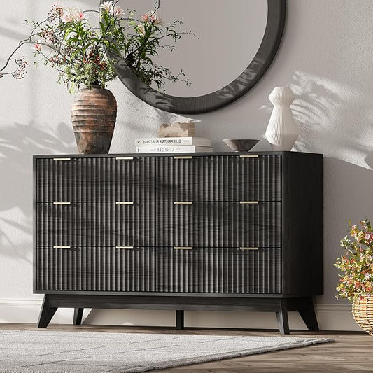 47'' Wide 6 Drawers Dresser for Bedroom,Modern Fluted Vertical Chest with Rounded Corners,Fluted Dresser for Living Room,Hallway, Black