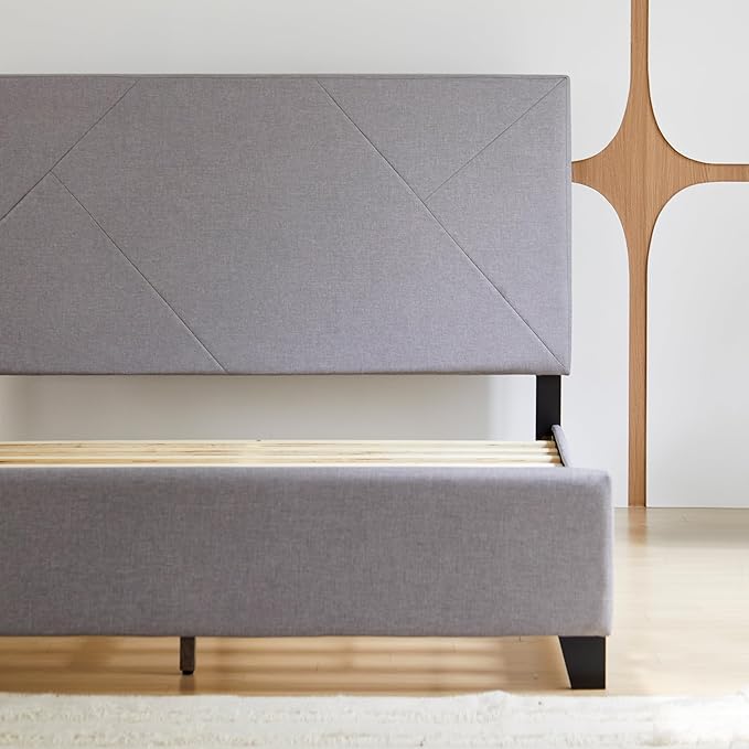 Livinia Stella Full Size Platform Bed, Fabric Upholstered Full Bed Frame with Height Adjustable Headboard Footboard, Strong Wood Slats, No Box Spring Needed, Gray