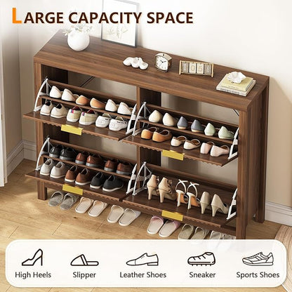 Shoe Cabinet Storage for Entryway, Fluted Shoe Cabinet with 4 Flip Drawers, Hidden Shoe Rack Freestanding Wooden Shoe Organizer with Legs for Hallway, Walnut