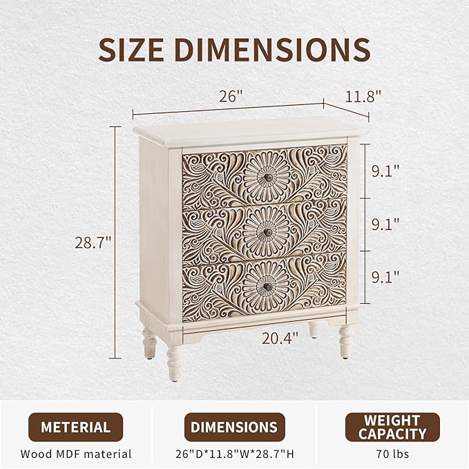 COSIEST 3 Drawers Accent Dresser, Vintage Small Accent Chest with 4 Wood Legs, Free-Standing Buffet Server Nightstand End Table for Bedroom, Living Room, Entryway