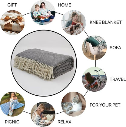 | Wool Blanket/Throw | 100% New Zealand Wool | Perfect for Home and Outdoors | Virgin Wool Throw with Fringes 67"x79" (170 x 200 cm)