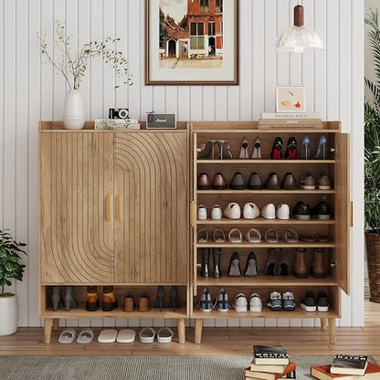 Smuxee Oak Shoe Cabinet with Line Groove Design, 6-Tier Shoe Storage Cabinet with Adjustable Shelves, Freestanding Shoe Organizer Cabinet for Entryway, Hallway, Closet, Living Room