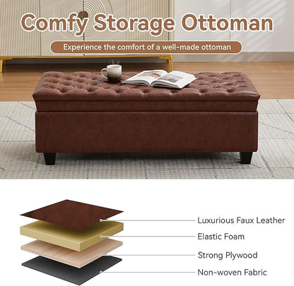 50" Faux Leather Storage Ottoman Bench, Upholstered Rectangle End of Bed Storage Ottoman Tufted Living Room Bedroom Bench with Safety Hinge, Solid Wood Legs, Loads 500 lb(Brown)