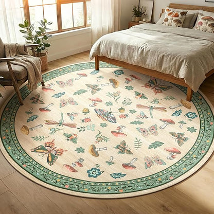 Mushroom Insect 7ft Round Rug Washable Non-Slip Soft Ultra-Thin Large Boho Circle Carpet for Entryway Kitchen Bedroom Nursery Dining Room Khaki Green