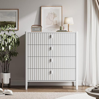 4 Drawer Dresser, Modern Chest of Drawers for Bedroom, Wood Fluted Dresser Organizer with Deep Drawers for Clothes, Nightstand for Bedroom, Hallway, Living Room, Entryway, White