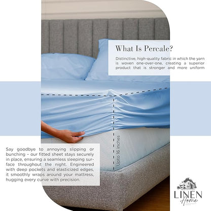 Linen Home 100% Cotton Percale Sheets Twin Size, Baby Blue, Deep Pocket, 3 Pieces Set - 1 Flat, 1 Deep Pocket Fitted Sheet and 1 Pillowcase, Crisp Cool and Strong Bed Linen