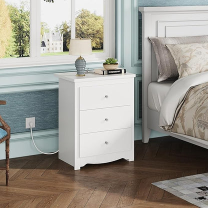 WLIVE White Nightstand with Charging Station, Wood Night Stand with 3 Drawers Storage, Tall Bedside Table End Side Tables with 2 USB Ports and Outlets for Bedroom, Closet, White