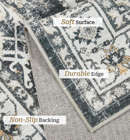 zesthome Washable Rug 6x9 Area Rugs,Stain Resistant Rugs for Living Room,Bedroom,Non-Slip Backing Home Decor Rug, Vintage Medallion Pattern Rugs (Black,6'x9')