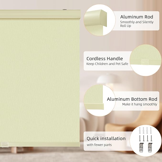 ChrisDowa Cordless Blackout Roller Shades for Windows, Striped Free-Stop Window Blinds with Privacy, Thermal Insulated Window Shades for Home, Office and Door. Beige, 24" W x 72" H