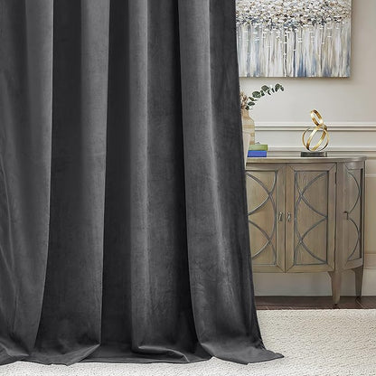 RYB HOME Grey Velvet Curtains 102 inches, Back Tab Soft Fabric Room Darkening Thermal Insulated Luxurious Home Decor Curtains for Living Room Bedroom, W 52" x L 102", 2 Panels Set