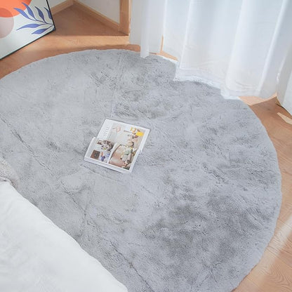 Grey Washable Fluffy Round Rugs 6ft Faux Bunny Fur Rugs for Living Room Bedroom Boho Circle Sheepskin Rug Teen Room Nursery Rug