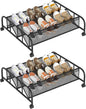 2 Tier Shoe Rack Underbed Organizer Storage Rack with Wheels Woven Mesh Cloth Shoe Organizer Drawer Space Saving for Bedroom (Black, 2 Pack)