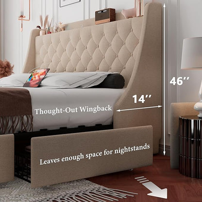 iPormis King Bed Frame with 4 Storage Drawers, Upholstered Platform Bed Frame with Type-C & USB Ports, Wingback Storage Headboard, Solid Wood Slats, No Box Spring Needed, Beige