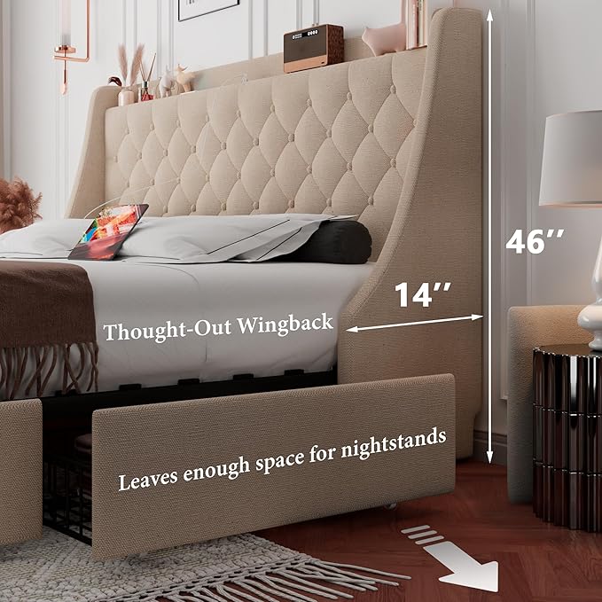 iPormis Queen Bed Frame with 4 Storage Drawers, Upholstered Platform Bed Frame with Type-C & USB Ports, Wingback Storage Headboard, Solid Wood Slats, No Box Spring Needed, Beige