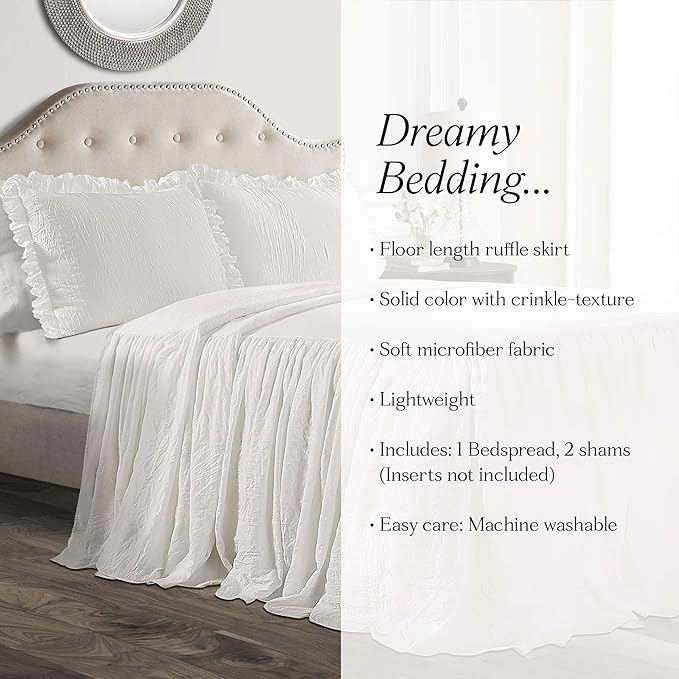 Lush Decor Ruffle Skirt Bedspread Set - 3-Piece Luxurious Farmhouse Bedding - Elegant Ruffle Detail - Timeless Style - Soft Lightweight Sheets - Queen, White