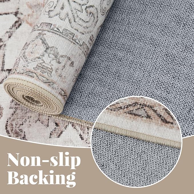 jinchan Runner Rug 2x5 - Vintage Hallway Machine Washable Rug Floral Non Slip with Rubber Backing Ultra-Thin Carpet Runner for Kitchen Bedroom Laundry Room Farmhouse Entryway (2x5ft,Taupe)