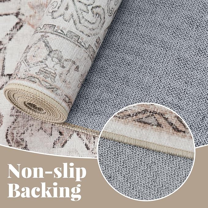 jinchan Lima Kitchen Runner Rug 3x7 - Vintage Floral Machine Washable Non-Slip Hallway Runner Rug with Rubber Backing Ultra-Thin Carpet for Bedroom Laundry Room Farmhouse (3x7ft, Taupe)