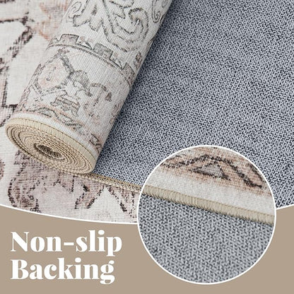 jinchan Lima Kitchen Runner Rug 3x7 - Vintage Floral Machine Washable Non-Slip Hallway Runner Rug with Rubber Backing Ultra-Thin Carpet for Bedroom Laundry Room Farmhouse (3x7ft, Taupe)
