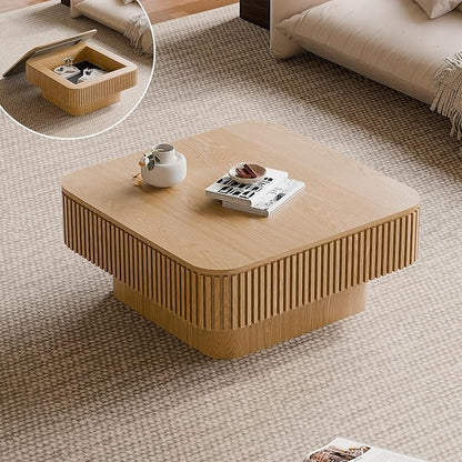 Square Small Coffee Table with Storage, Modern Wooden Coffee Table with Solid Wood Veneered, Fluted Center Table Drum Tea Table for Living Room Apartment, 31.5''L×31.5''W×14''H