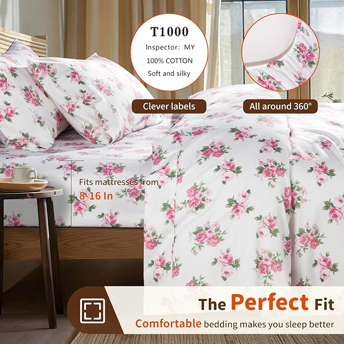 LBRO2M 1000 Thread Count Sheets 100% Egyptian Cotton Bedding Set Floral Queen Size 16 Inches Deep Pocket Bedding 4 Piece Sets (Queen, Peony)