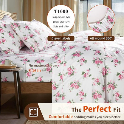LBRO2M 1000 Thread Count Sheets 100% Egyptian Cotton Bedding Set Floral King Size 16 Inches Deep Pocket Bedding 4 Piece Sets (King, Peony)