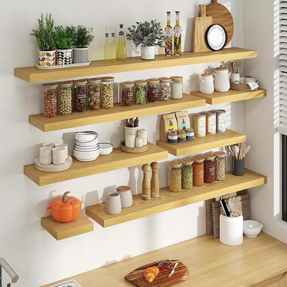 24 Inch Floating Shelves for Wall, 8 Inch Deep Floating Shelf for Storage & Display, Rustic Wall Mounted Shelf with Invisible Brackets for Living Room, Kitchen, Bathroom, Home Decor, Set of 2, Oak