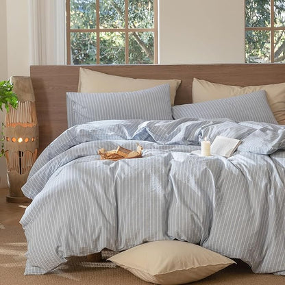 MooMee Striped Duvet Cover Set 100% Washed Cotton Linen Like Textured Breathable Durable Soft Comfy (Cornflower Blue White Wide Stripes, Palatial King/Oversized King 120"x98")