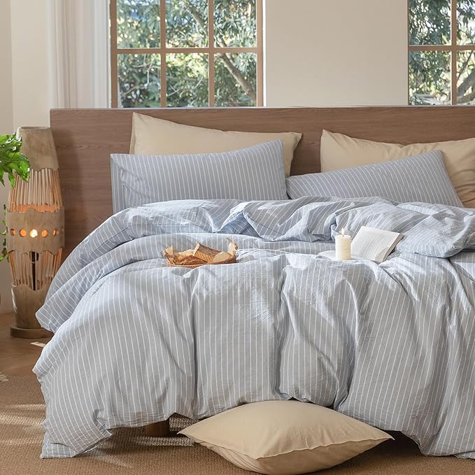 MooMee Striped Duvet Cover Set 100% Washed Cotton Linen Like Textured Breathable Durable Soft Comfy (Cornflower Blue White Wide Stripes, King 104"x90")