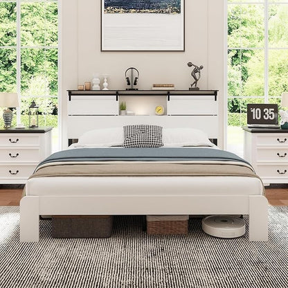 King Wood Bed Frame, Sliding Barn Door Storage Headboard with LED Lights and Charging Station, Farmhouse Wood Platform Bed with Metal Slat Supports, No Box Spring Required, Noiseless, White
