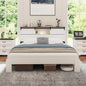 King Wood Bed Frame, Sliding Barn Door Storage Headboard with LED Lights and Charging Station, Farmhouse Wood Platform Bed with Metal Slat Supports, No Box Spring Required, Noiseless, White