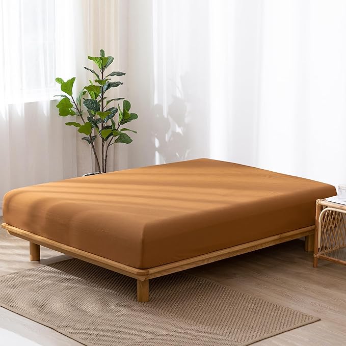 MooMee Fitted Bottom Sheet Only 100% Washed Cotton Linen Like Textured Breathable Durable Soft Comfy Deep Pocket Fits Mattress up to 17" (Dark Orange, Twin)