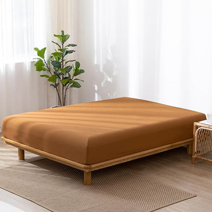 MooMee Fitted Bottom Sheet Only 100% Washed Cotton Linen Like Textured Breathable Durable Soft Comfy Deep Pocket Fits Mattress up to 17" (Dark Orange, King)