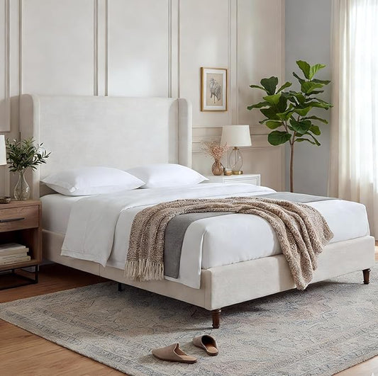 Harper Upholstered Bed with 54" Tall Headboard - Wingback Chenille Platform Bed Frame, Solid Wood Feet, Sturdy Metal Base, Easy Assembly (Textured Ivory, Queen (U.S. Standard))