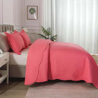 HoneiLife Quilt Sets King Size - Microfiber Bedspreads for King Bed, 3-Piece Lightweight Coverlets, Retro Bedlinen Sets, King Quilt Bedding Set All Season Use-Sugar Coral