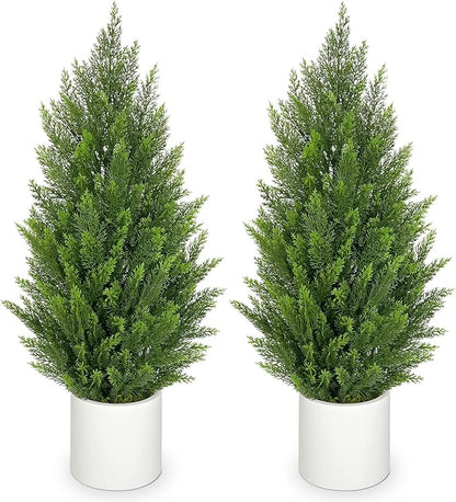 Briful 2PCS 3ft Artificial Cedar Topiary Trees in White Planter – Compact Faux Evergreen Potted Plants with Dense Realistic Layered Leaves, Lifelike Fake Trees for Home, Office, Patio, Porch