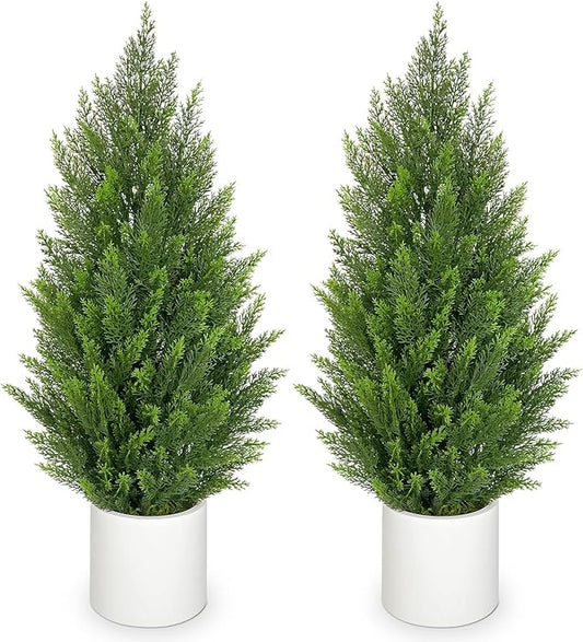 Briful 2PCS 3ft Artificial Cedar Topiary Trees in White Planter – Compact Faux Evergreen Potted Plants with Dense Realistic Layered Leaves, Lifelike Fake Trees for Home, Office, Patio, Porch