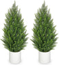 Briful 2PCS 3ft Artificial Cedar Topiary Trees in White Planter – Compact Faux Evergreen Potted Plants with Dense Realistic Layered Leaves, Lifelike Fake Trees for Home, Office, Patio, Porch