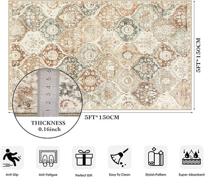 Lahome Moroccan Trellis Washable Small Area Rug, 3x5 Black Rug for Bedroom Living Room, Non-Slip Oriental Accent Throw Carpet for Kitchen Office Entryway Bathroom Office, Khaki