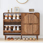 Shoe Storage Cabinet for Entryway, Narrow Shoe Organizer Cabinet, 4 Flip-Down Drawers, Round Fluted Panel, Hidden Wood Slim Shoe Rack for Foyer, Hallway (Walnut)