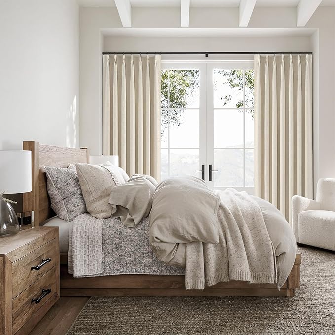 Topfinel 92 Inches Long Custom Tan Black Out Custom Drapery Panels, Burlap Opaque Pinch Pleated Window Coverings, Cream Farmhouse Back Tab Curtains