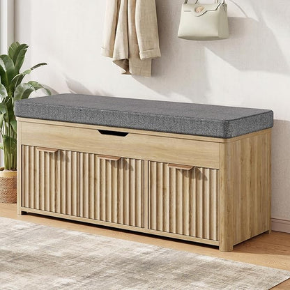 Shoe Bench with Storage - Lift Top Entryway Bench with Hidden Storage, Shoe Rack with Adjustable Shelves and Cushioned Seat, Wooden End of Bed Bench for Bedroom, Living Room and Hallway,Nature