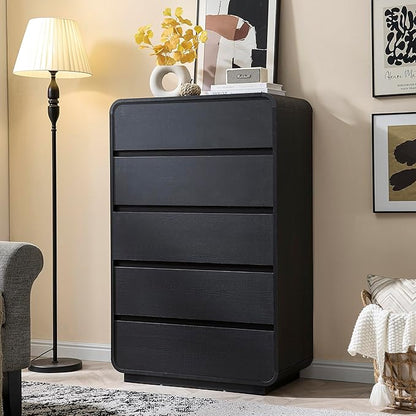 29.5’’ W Dresser for Closet, Black Drawers with Curved Design, Chest Drawer with 5 Drawers, Vertical Drawer with Large Storage, Wooden Dresser for Living Room, Nursery, Entryway