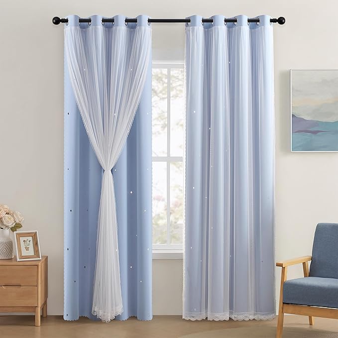 XiDi Blue Curtains for Bedroom, Girls Room Blackout Curtains, Kids Room Darkening Curtains, Light Blue Decor, 1 Panel Light Blue/52/63/1