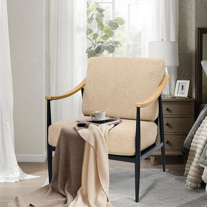 Modern Accent Chair for Living Room Bedroom Mid Century Arm Chair Upholstered Office Accent Chair Comfy Waiting Room Chair with Metal Frame, Khaki