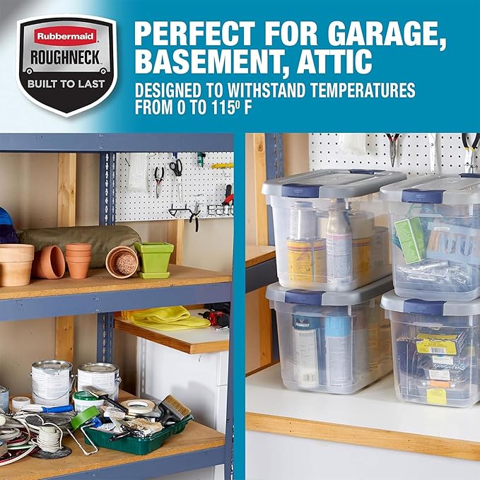 Rubbermaid Roughneck Clear 19Qt/ 4.75 Gal Storage Containers, Pack of 6, with Snap-Fit Grey Lids, Visible Base, Sturdy and Stackable, Great for Storage and Organization