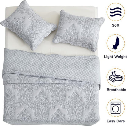 CHIXIN Oversized Bedspread Coverlet Set King Size - Lightweight Bedding Cover - Beautiful Stitching - 5 Piece Reversible Bedspread - Luxury Damask Paisley Pattern (King, Light Grey)