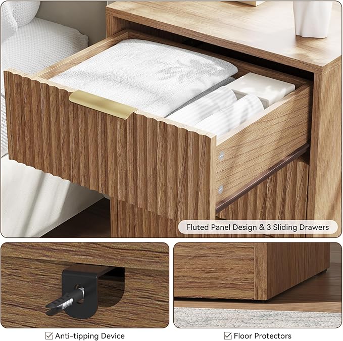 Fluted Dresser & 3 Drawer Nightstand Set 3-Piece, 63” Long 9 Drawer Dresser and Night Stand Set of 2, Fluted Modern Wood Chest of Drawers Storage Dressers Set for Bedroom, Natural Wood