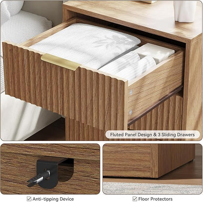 Fluted Dresser & 3 Drawer Nightstand Set 3-Piece, 63” Long 9 Drawer Dresser and Night Stand Set of 2, Fluted Modern Wood Chest of Drawers Storage Dressers Set for Bedroom, Natural Wood