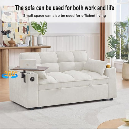 65'' Convertible Sleeper Sofa Bed with Adjustable Backrest, Chaise Lounge, Side Table & USB/Type-C Ports – Stylish & Functional Addition to Any Living Room (White)